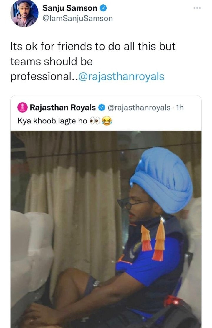 Rajasthan Royals Fire Social Media Team After trolling Sanju Samson  IPL 2022  Rajasthan Royals  Sanju Samson  രാജസ്ഥാൻ റോയൽസ് സോഷ്യൽ മീഡിയ ടീമിന്‍റെ കുറ്റി തെറിച്ചു  ഐപിഎൽ 2022  സഞ്ജു സാംസണ്‍  ഐപിഎൽ 15-ാം സീസണ്‍  സഞ്ജുവിനെ ട്രോളി ട്വിറ്ററിൽ പോസ്റ്റ്  രാജസ്ഥാൻ റോയൽസ് സോഷ്യൽ മീഡിയ ടീമിനെ പുറത്താക്കി