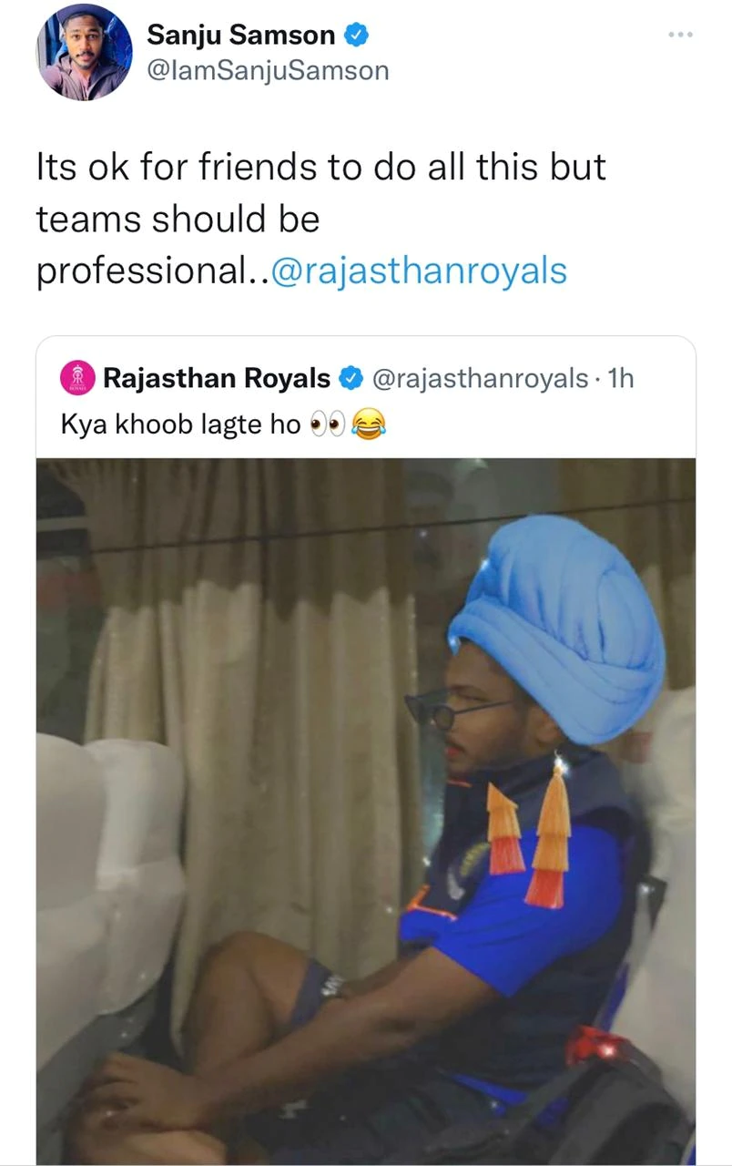 Sanju Samson irked by Rajasthan Royals Twitter post