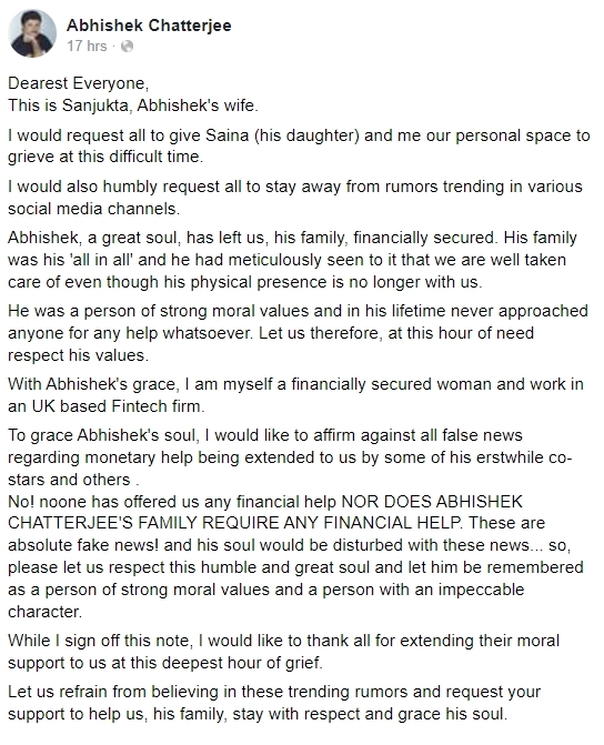 Abhishek Chatterjee's Wife Social Media Post