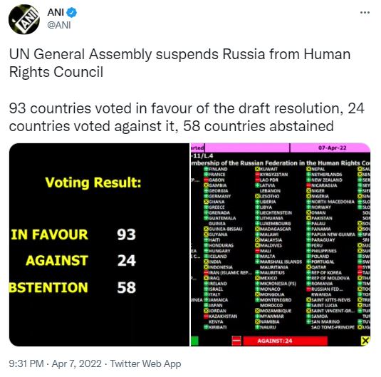 UN General Assembly suspends Russia from Human Rights Council