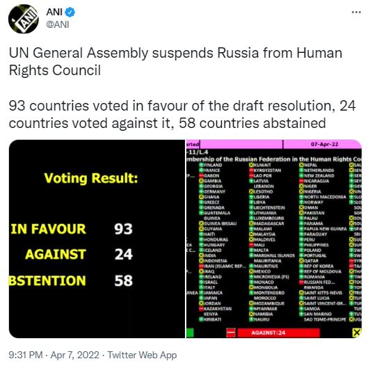 Russia Ukraine war 43th day, UN suspends Russia from rights council