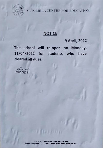 GD Birla School Reopen Notice