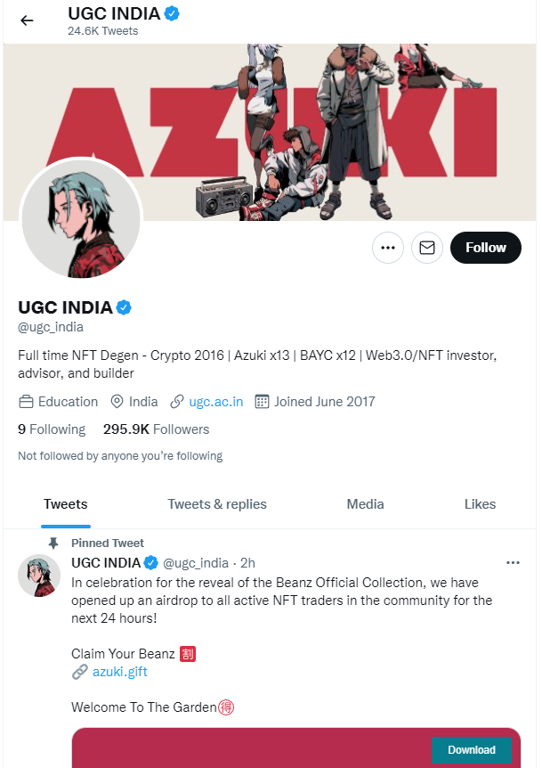 UGC India's Twitter account hacked