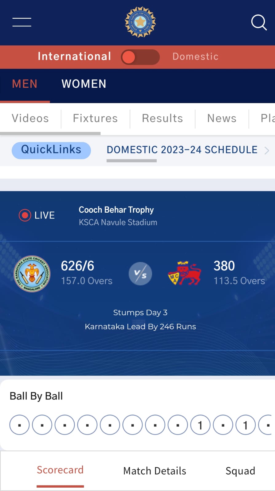 Prakar double hundred  Karnataka vs Mumbai  Cooch Behar Trophy final  ಪ್ರಕಾರ್ ಚರ್ತುವೇದಿ ದ್ವಿ ಶತಕ  ಕರ್ನಾಟಕ 246 ರನ್​ಗಳ ಮುನ್ನಡೆ