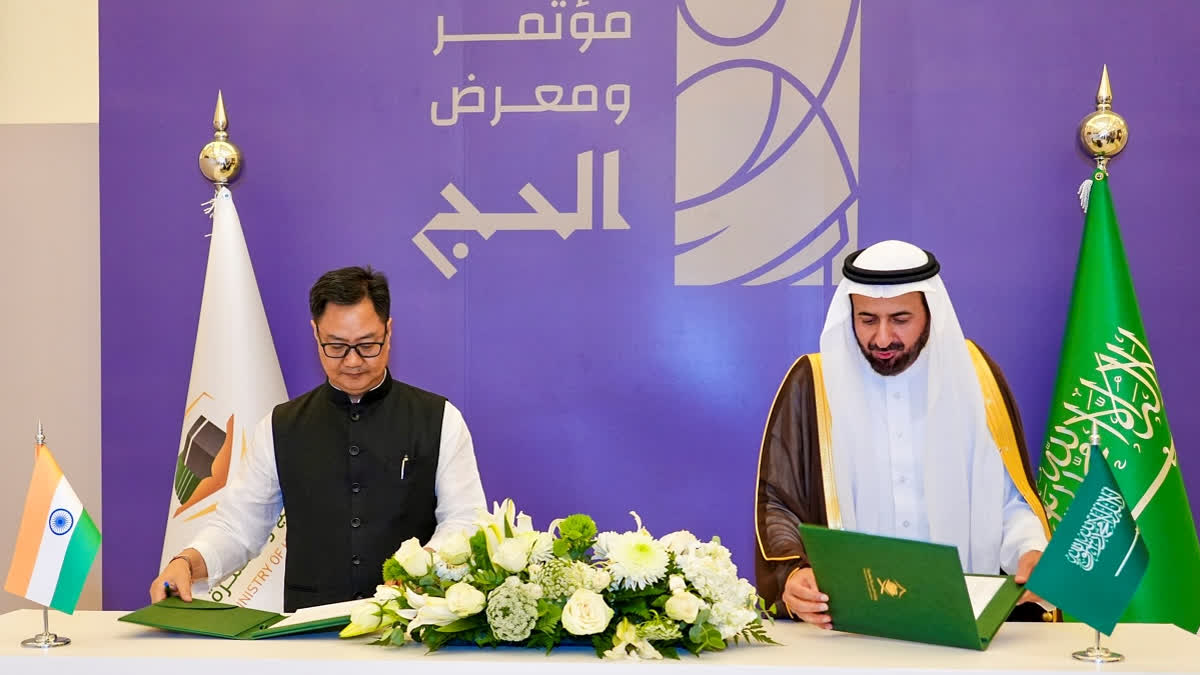 In this image released by @KirenRijiju on X on Jan. 13, 2025, Union Minister for Minority Affairs Kiren Rijiju with Minister of Hajj and Umrah of Saudi Arabia Tawfiq bin Fawzan Al Rabiah during a meeting, in Saudi Arabia.