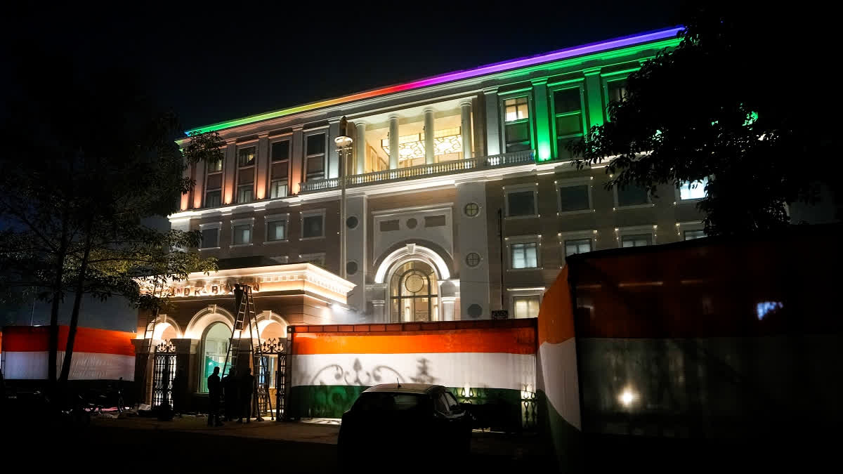 view of the Indira Gandhi Bhawan, the new AICC HQ, ahead of its inauguration on Jan. 15, at the 9A, Kotla Road in New Delhi, Tuesday, Jan. 14, 2024