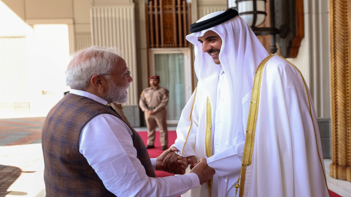 Prime Minister Narendra Modi met the Emir of Qatar, Sheikh Tamim bin Hamad Al Thani at Amiri Palace in Doha on Thursday - the first interaction between the two leaders following the release of eight Indian Navy veterans who have been detained in the Gulf country for several months.