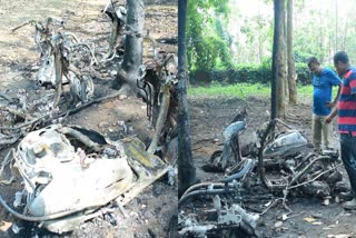 3 Scooters Burnt In Thrissur  Forest Watchers Scooters Burnt  തൃശ്ശൂരഇൽ 3 സ്‌കൂട്ടറുകള്‍ കത്തി  ഫോറസ്റ്റ് വാച്ചര്‍  തൃശ്ശൂര്‍ ഇഞ്ചക്കുണ്ട് പരുന്തുപാറ
