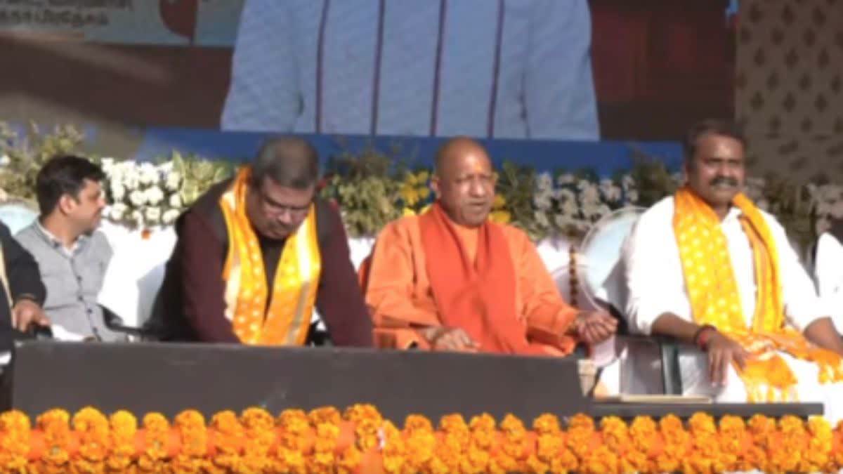 Union Education Minister Dharmendra Pradhan and Chief Minister Yogi Adityanath at the inaugural of Third Kashi Tamil Sangam on Saturday.