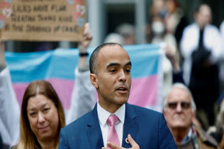 Washington Attorney General Nick Brown speaks during a news conference after a second federal judge paused President Donald Trump's order against gender-affirming care for youth outside the Seattle federal courthouse on Friday, Feb. 14, 2025.