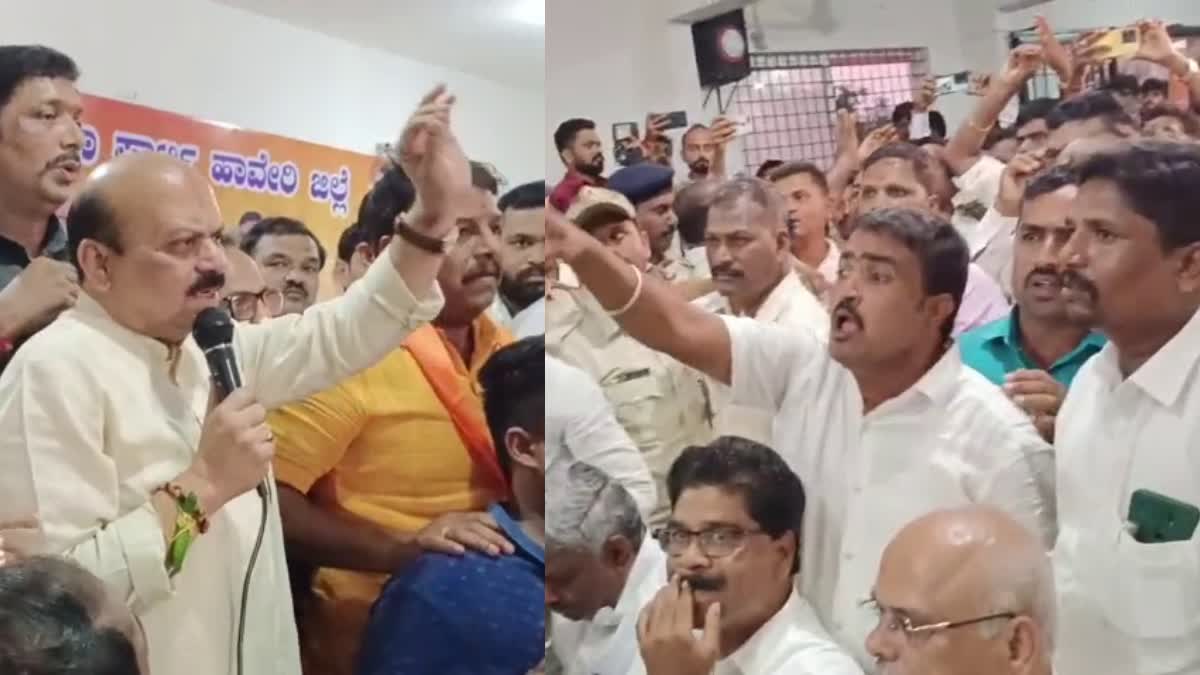 uproar-between-bjp-workers-infront-of-basavaraj-bommai-in-haveri-bjp-office