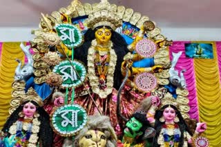 Goddess Durga is flanked here by her two companions Jaya and Vijaya.