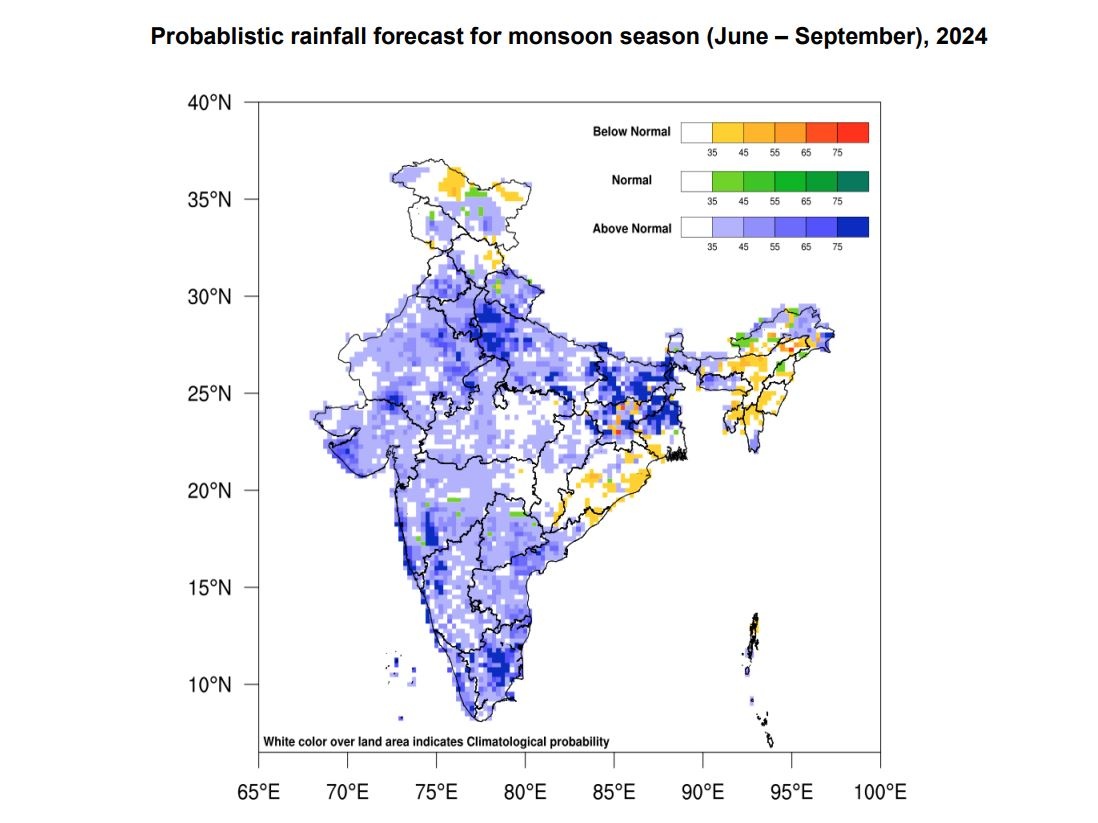 India is likely to receive above average monsoon rains in 2024, the Indian Meteorological Department (IMD) said on Monday. The monsoon rains are seen at 106 per cent of long-period average in 2024.