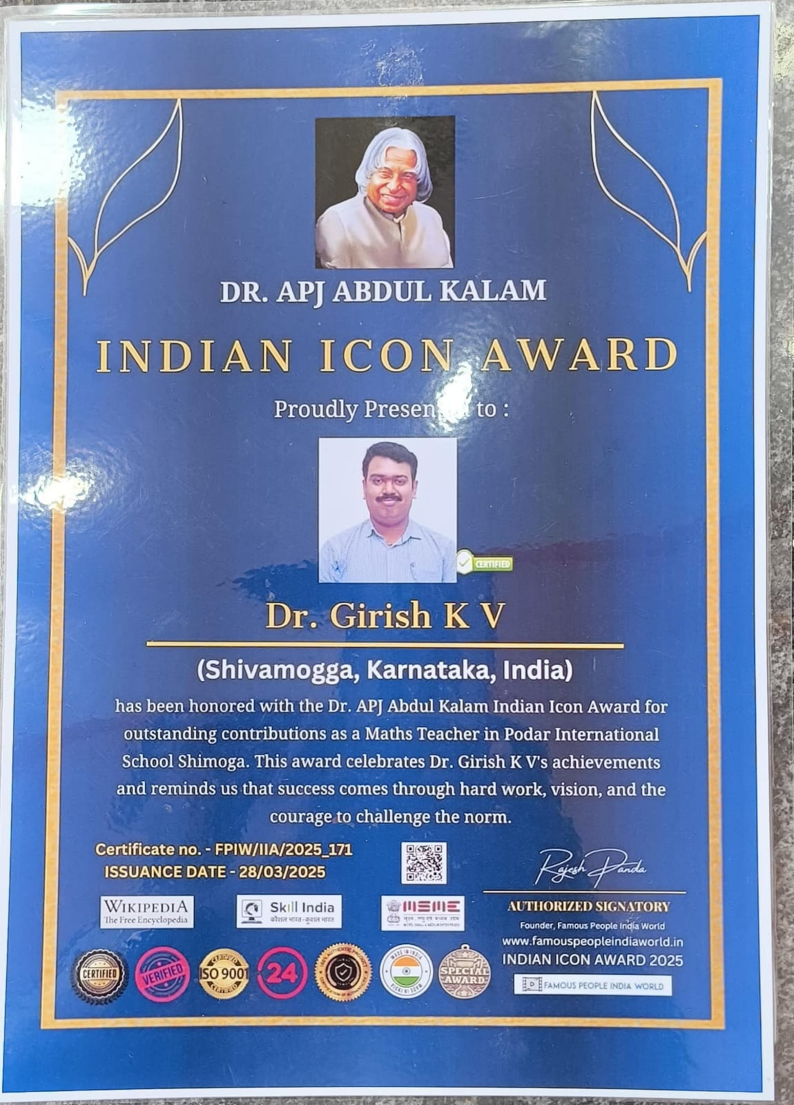 Certificates received by Girish Kunte