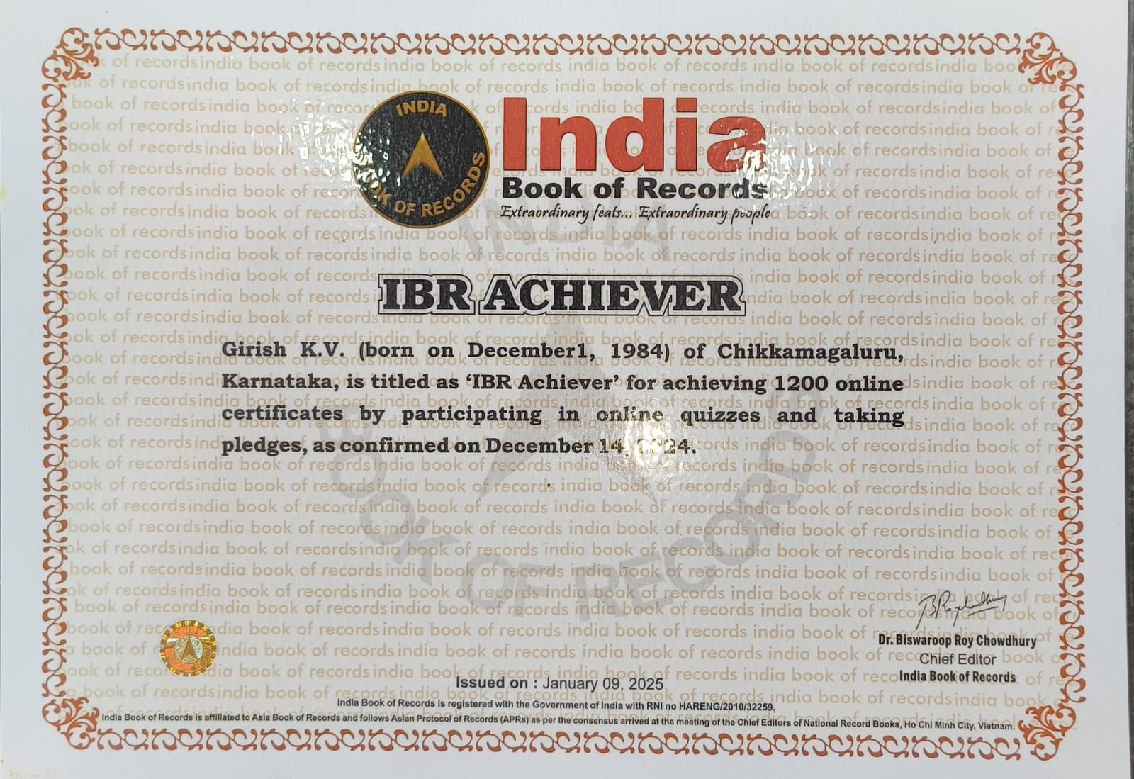 Certificates received by Girish Kunte