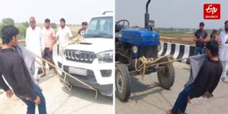 बागपत में युवक ने दांतों में रस्सी फंसाकर खींचा ट्रैक्टर और स्काॅर्पियो
