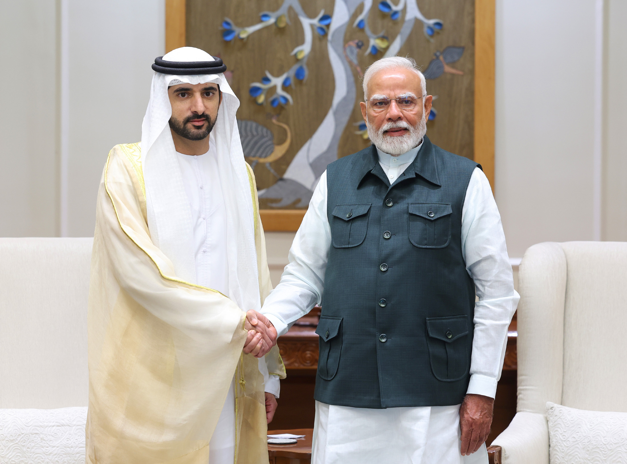 Prime Minister Narendra Modi meets Crown Prince of Dubai, Sheikh Hamdan bin Mohammed bin Rashid Al Maktoum, in New Delhi