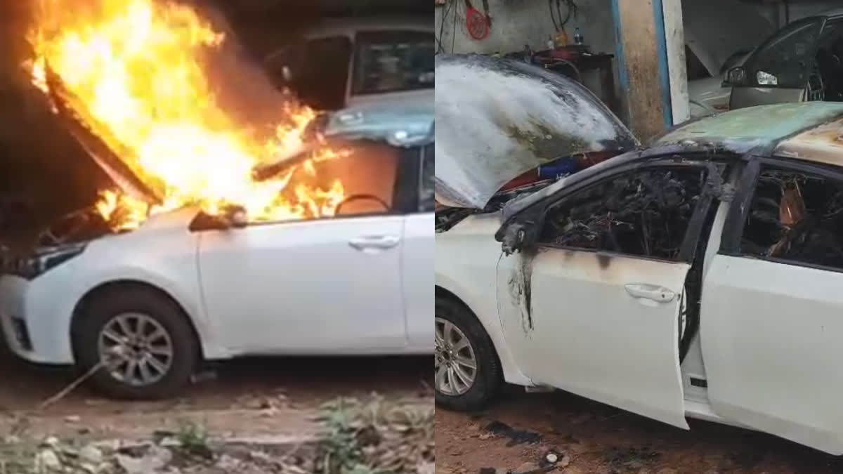 CAR CAUGHT FIRE IN KUNNAMKULAM  KUNNAMKULAM KAKKAD TEMPLE CAR FIRE  നിർത്തിയിട്ട കാറിന് തീപിടിച്ചു  കുന്നംകുളത്ത് കാറിന് തീപിടിച്ചു