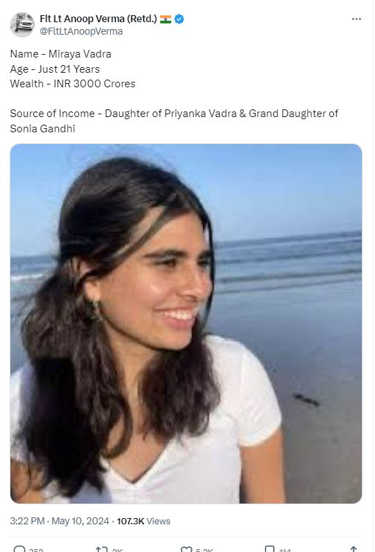 Controversial post regarding Priyanka Gandhi's daughter's property