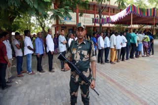 Security personnel deployed during the polling in Tirupati, Andhra Pradesh on May 13.