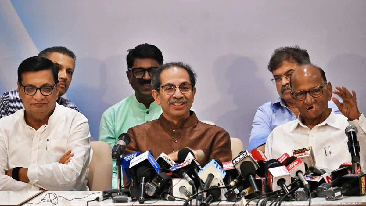 Shiv Sena (UBT) Chief Uddhav Thackeray (centre) along with NCP (SP) chief Sharad Pawar (left), and Congress leader Balasaheb Thorat during MVA joint presser in Mumbai on Saturday.