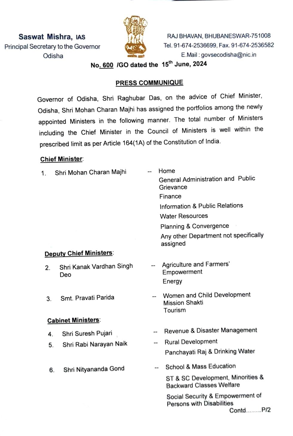 Odisha Cabinet portfolios