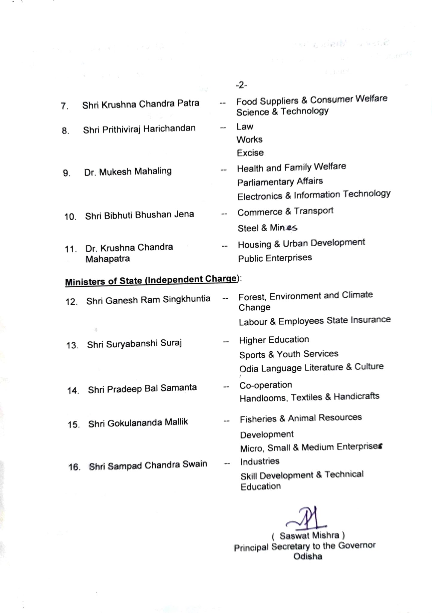 Odisha Cabinet portfolios