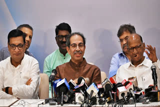 Shiv Sena (UBT) Chief Uddhav Thackeray (centre) along with NCP (SP) chief Sharad Pawar (left), and Congress leader Balasaheb Thorat during MVA joint presser in Mumbai on Saturday.