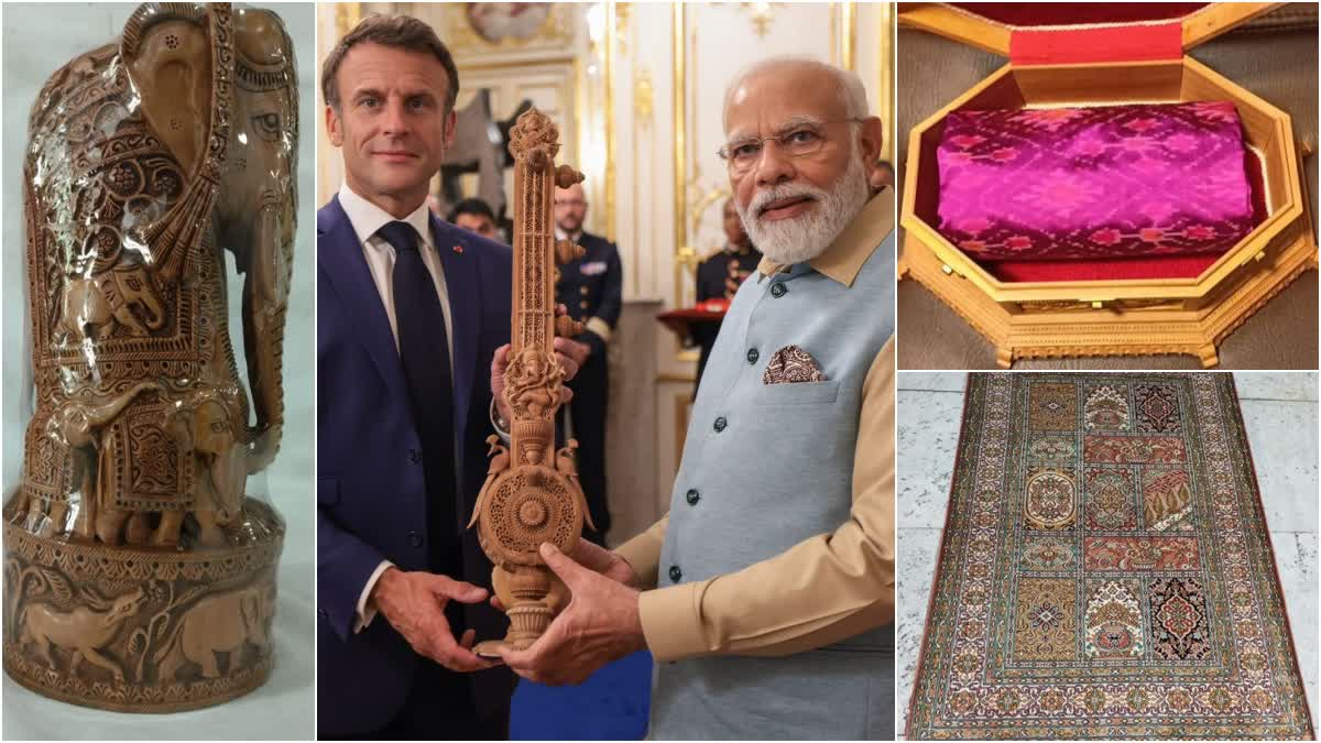 pm-narendra-modi-gifts-sadalwood-sitar-to-french-prez-pochampally-ikat-saree-to-his-spouse