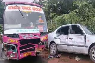 bus collided with three cars  Meat found in one of the car in Shivamogga  serial accident in Shivamogga  ಮೂರು ಕಾರುಗಳಿಗೆ ಬಸ್​ ಡಿಕ್ಕಿ  ವಾಹನವೊಂದರಲ್ಲಿ ಮಾಂಸ ಪತ್ತೆ  ಬಸ್​ವೊಂದು ನಿಯಂತ್ರಣ ತಪ್ಪಿ ಮೂರು ಕಾರುಗಳಿಗೆ ಡಿಕ್ಕಿ  ವಾಹನವೊಂದರಲ್ಲಿ ಮಾಂಸ ಇರುವುದು ಪತ್ತೆ  ಸಾಗರ ತಾಲೂಕು ಐಗಿನಬೈಲು ಗ್ರಾಮ  ಸಾಗರದಿಂದ ಶಿವಮೊಗ್ಗ ಕಡೆ ಖಾಸಗಿ ಬಸ್  ಜಡ್ಜ್​ಗಳ ಕಾರಿಗೆ ಸಣ್ಣ ಪ್ರಮಾಣದ ಅಪಘಾತ  ಅಕ್ರಮವಾಗಿ ಮಾಂಸವನ್ನು ಸಾಗಾಟ