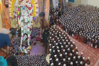 Kuchanur Suyambu Saneeswaran Temple Aadi Festival near Theni Devotees Swamy darshan by keeping wine bottles