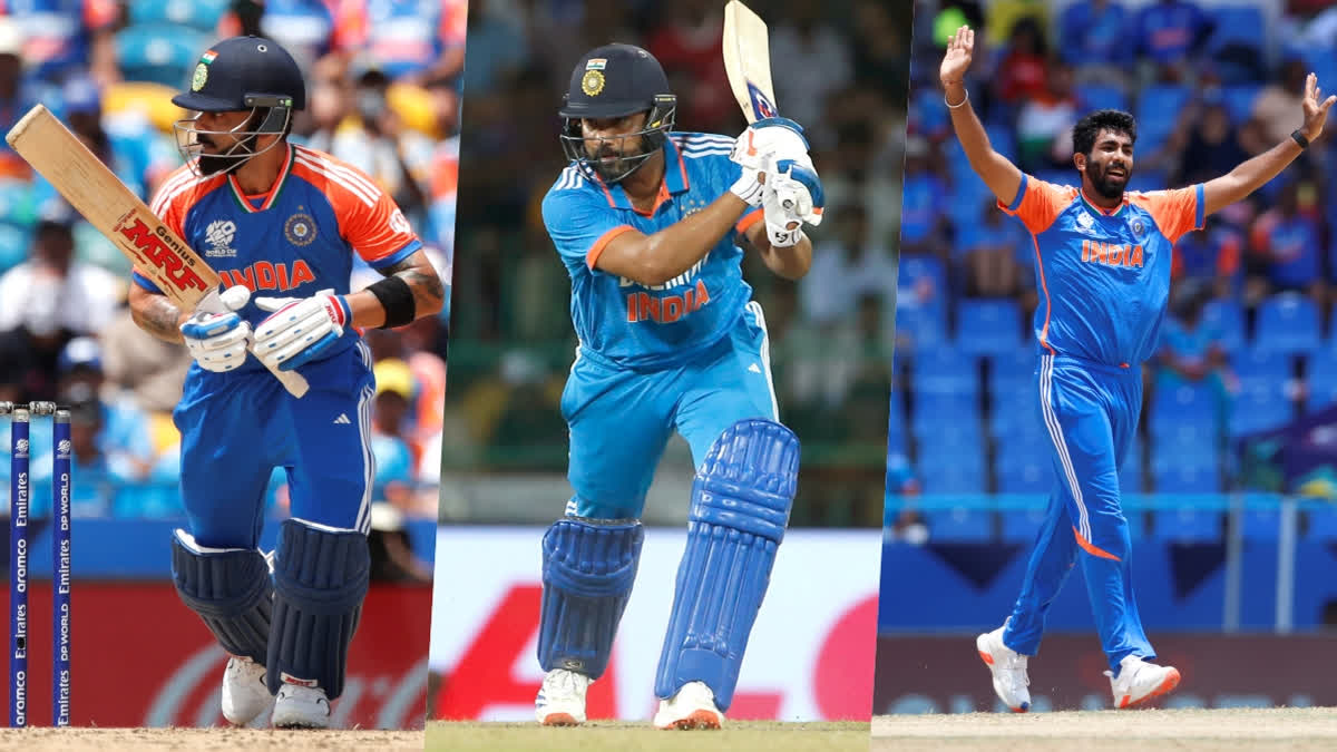 Collage of Rohit Sharma, Virat Kohli and Jasprit Bumrah photos