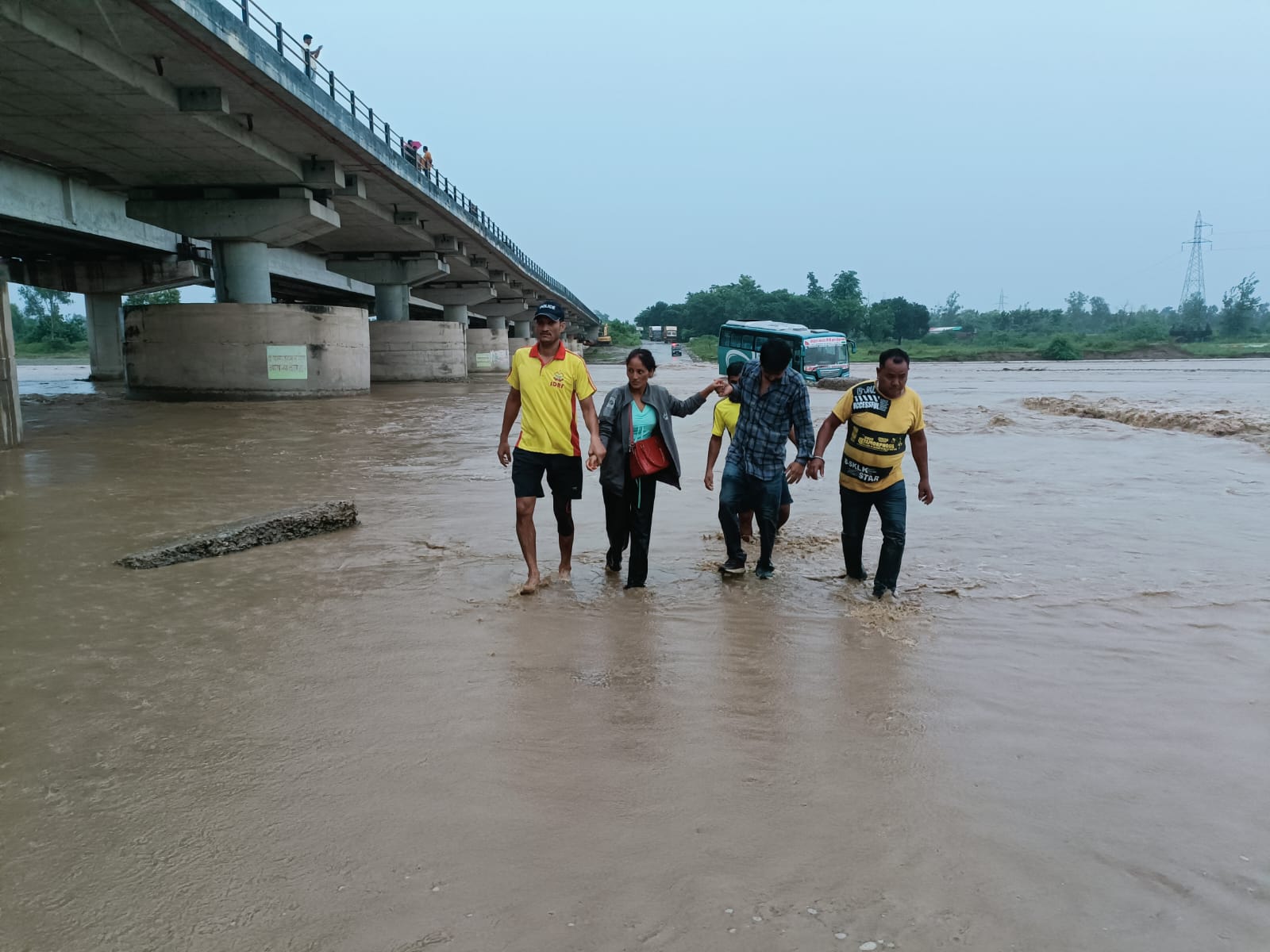 Bus stuck in river