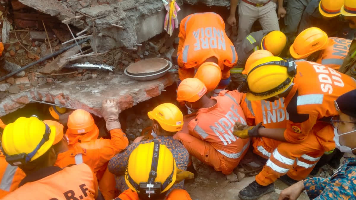 Rescue operation underway on the second day after a house collapsed, in Meerut.