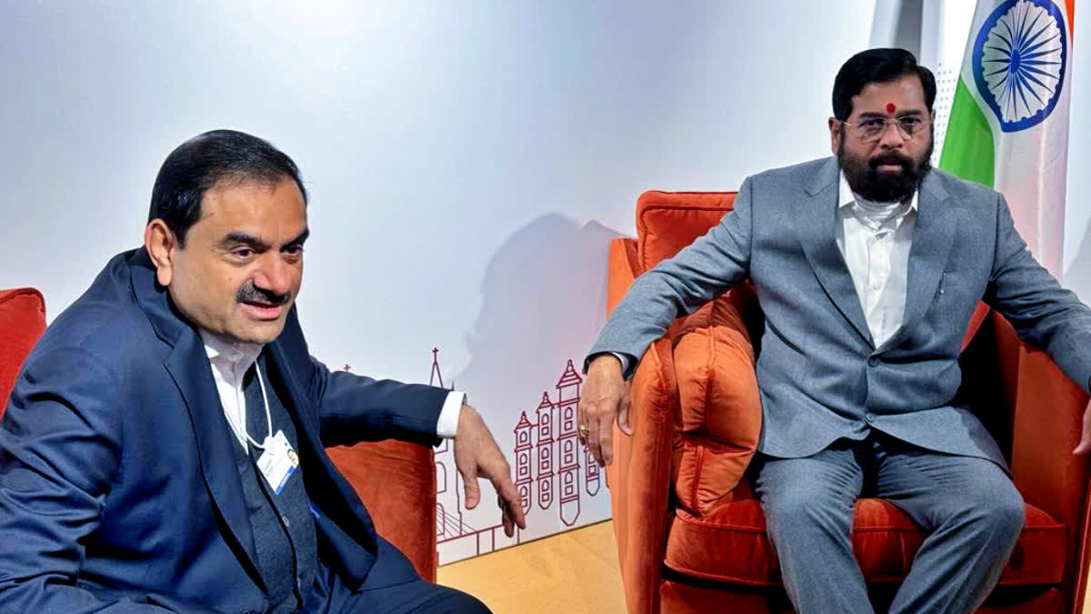 Gautam Adani, left, Chairperson Adani Group with Maharashtra Chief Minister Eknath Shinde on the sidelines of World Economic Forum's 54th Annual Meeting, in Davos on January 17, 2024.