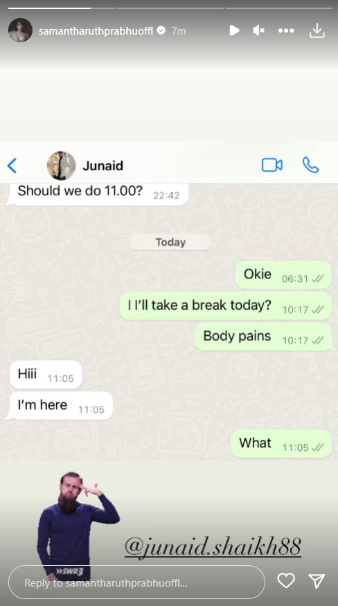 Samantha Ruth Prabhu shared screenshot of her chat with fitness trainer Junaid Shaikh