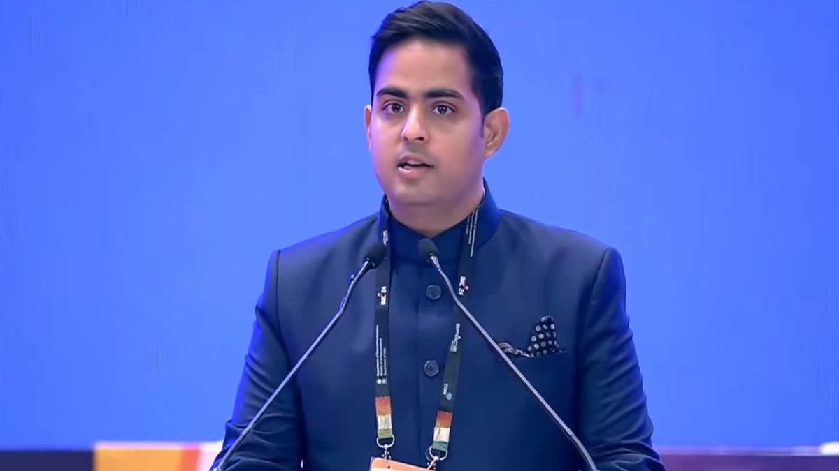 Reliance Jio Infocomm Ltd Chairman Akash Ambani addressing the Indian Mobile Congress 2024 in New Delhi