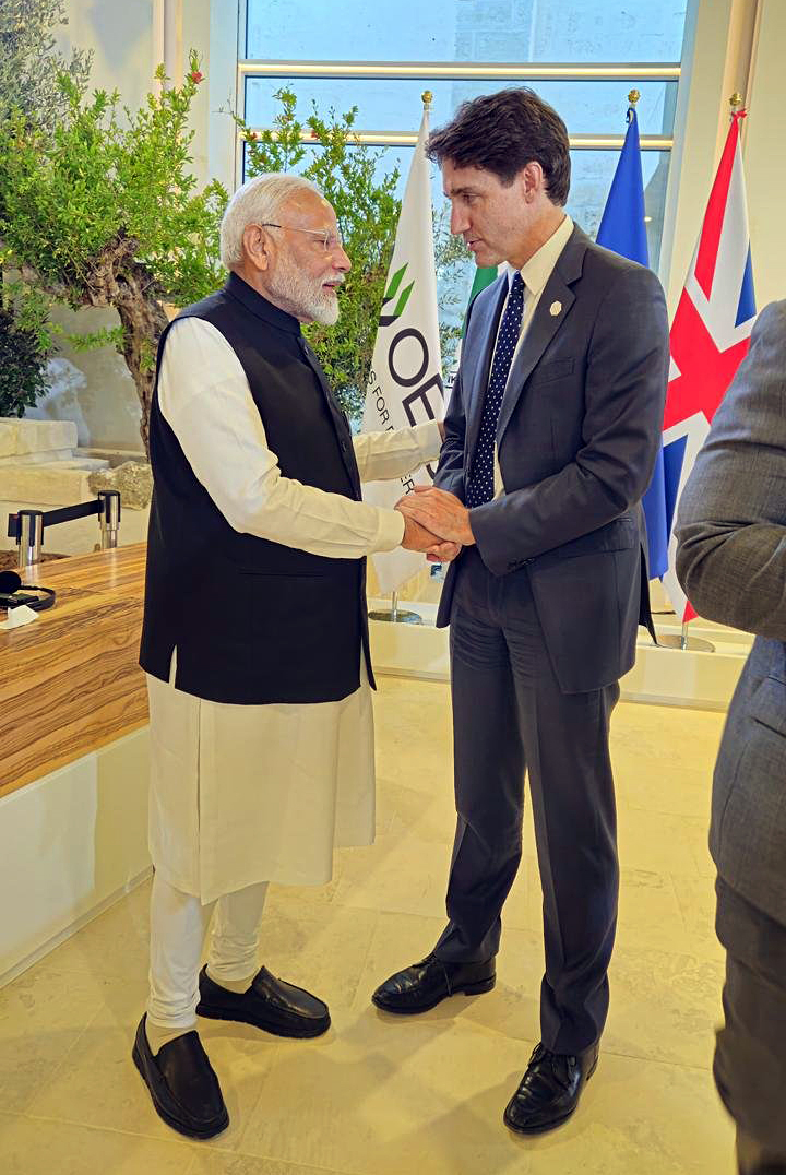 Prime Minister Narendra Modi meets Canadian PM Justin Trudeau at the G7 Outreach Summit, in Apulia on 15 Jun, 2024.