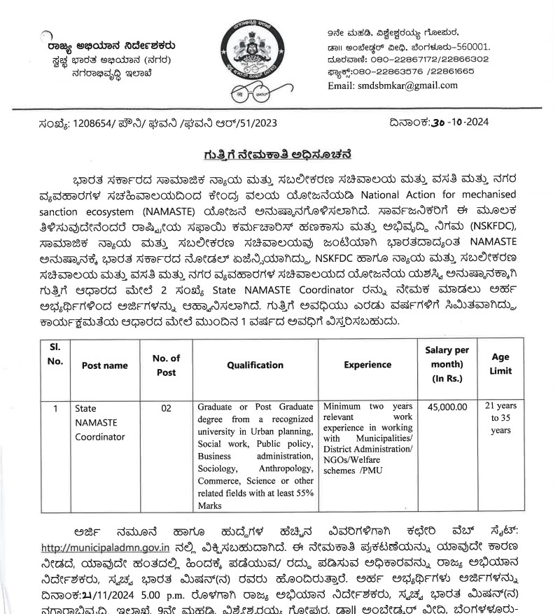 State mission Director Recruitment for state Namaste Coordinator