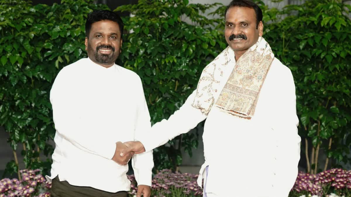 Union Minister of State for Parliamentary Affairs L Murugan, right, receives Sri Lankan President Anura Kumara Dissanayake upon his arrival in New Delhi.