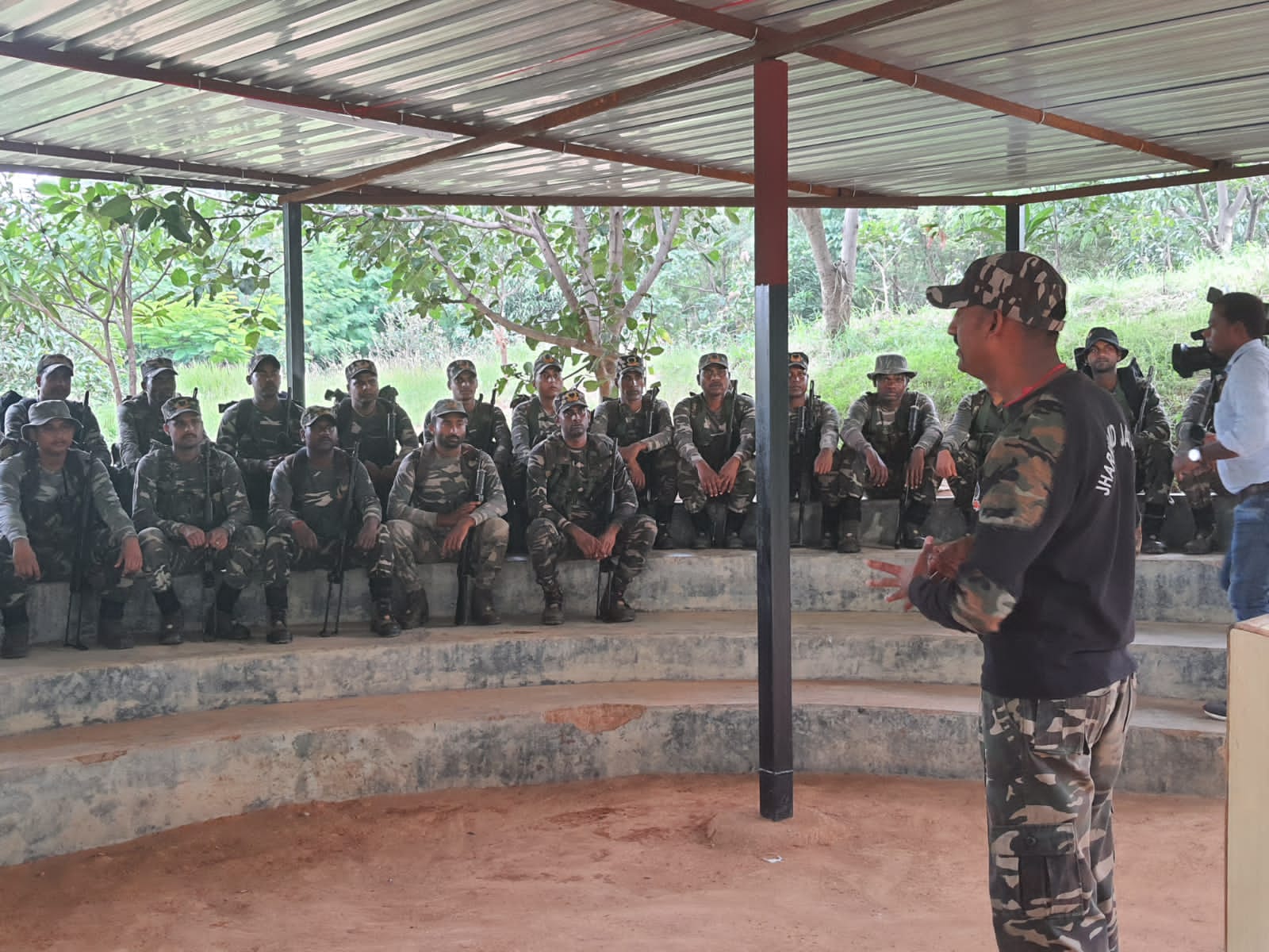 Security forces personnel stand guard in Chaibasa, Jharkhand