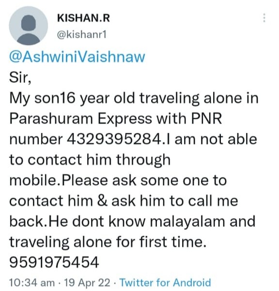 The Ministry of Railways responded to man's tweet