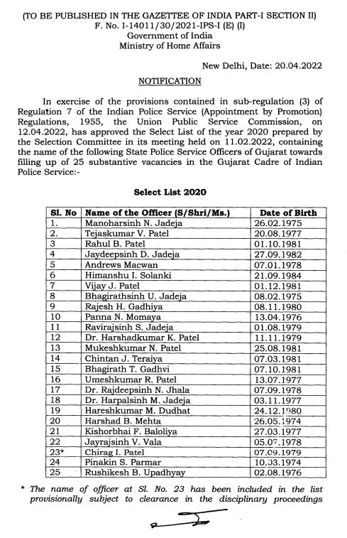 ગુજરાતના GAS કેડરના 25 અધિકારીઓને IPS તરીકે કરાયા નિયુક્ત