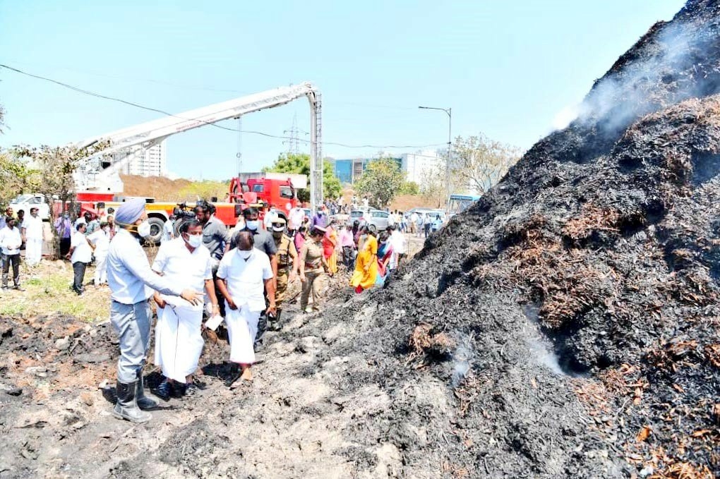 பெருங்குடி குப்பை கிடங்கில் தீ - அமைச்சர் கே.என்.நேரு நேரில் ஆய்வு