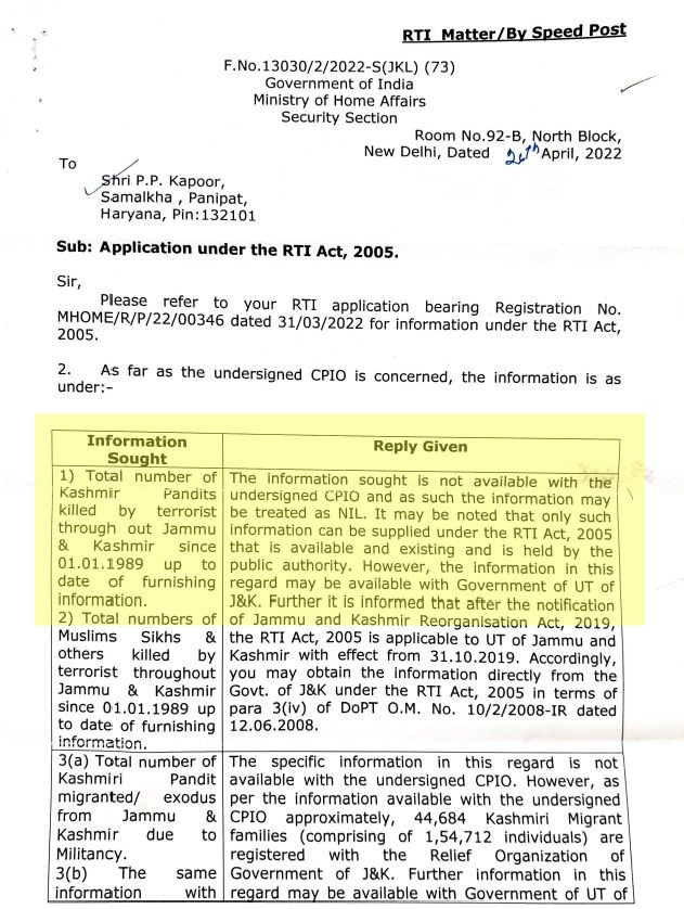 RTI on Kashmiri Pandits