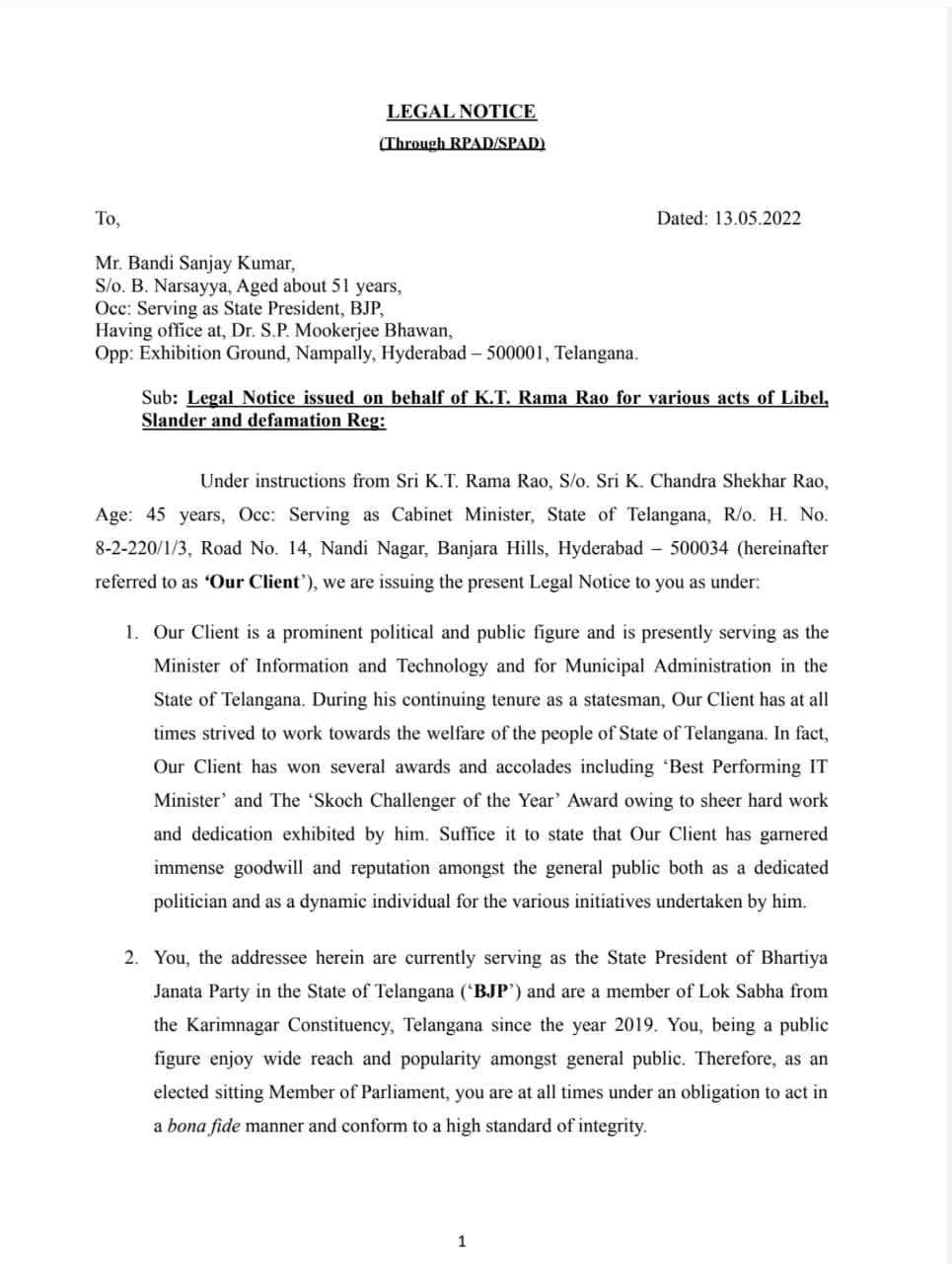 KTR files defamation suit against Bandi Sanjay