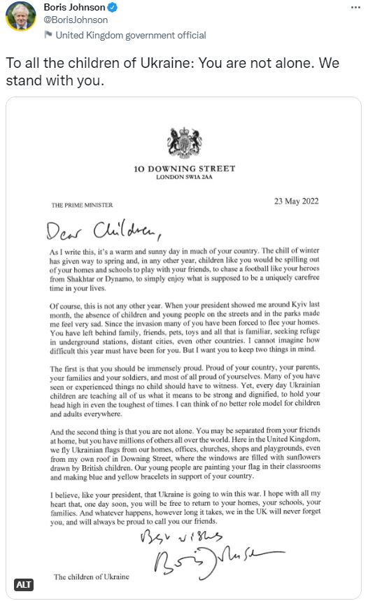 UK PM's letter to Ukrainian Children