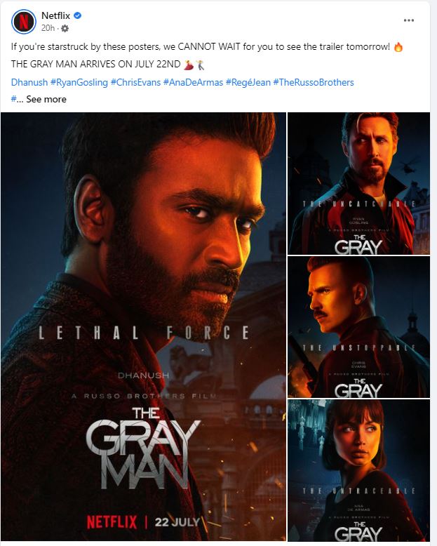 dhanush the gray man character poster  dhanush the gray man movie  the gray man movie character posters  dhanush the gray man movie release date  ധനുഷ് ദി ഗ്രേ മാന്‍ കാരക്‌ടര്‍ പോസ്‌റ്റര്‍  ധനുഷ് ദി ഗ്രേ മാന്‍ പോസ്‌റ്റര്‍  ധനുഷ് ദി ഗ്രേ മാന്‍ റിലീസ് ഡേറ്റ്