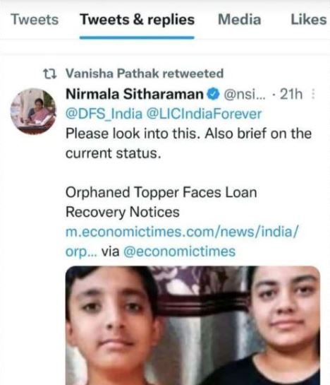 FINANCE MINISTER NIRMLA SITHARAMAN INTERVENED AFTER RECEIVING LOAN RECOVERY NOTICE FROM COVID TO THE ORPHAN