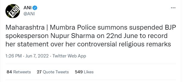 Mumbai Police Summons Nupur Sharma